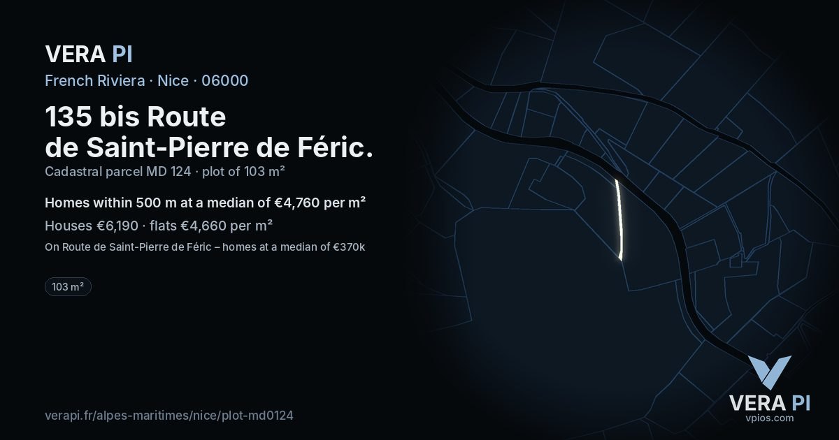 135 bis Route de Saint-Pierre de Féric, Nice at night – the plot lit, the parcels around coloured by the prices near them