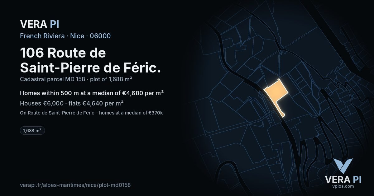 106 Route de Saint-Pierre de Féric, Nice at night – the plot lit, the parcels around coloured by the prices near them