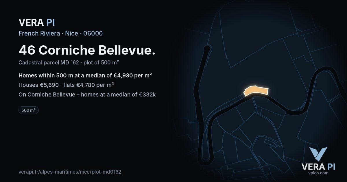 46 Corniche Bellevue, Nice at night – the plot lit, the parcels around coloured by the prices near them