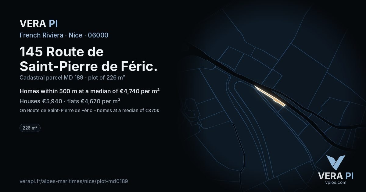 145 Route de Saint-Pierre de Féric, Nice at night – the plot lit, the parcels around coloured by the prices near them
