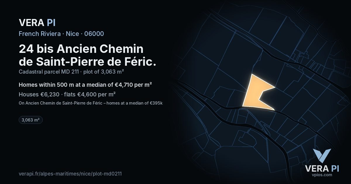 24 bis Ancien Chemin de Saint-Pierre de Féric, Nice at night – the plot lit, the parcels around coloured by the prices near them