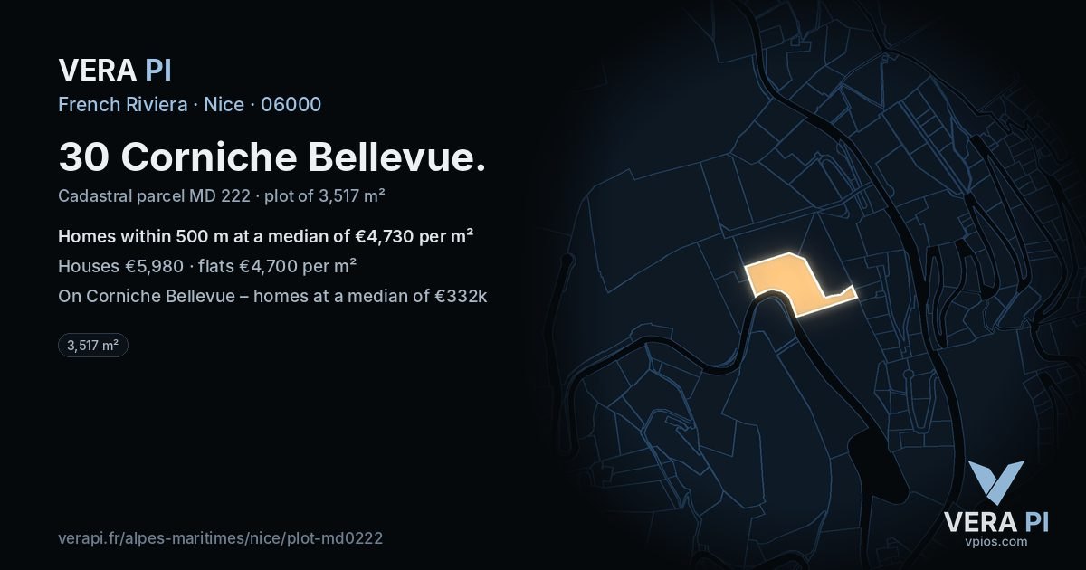 30 Corniche Bellevue, Nice at night – the plot lit, the parcels around coloured by the prices near them