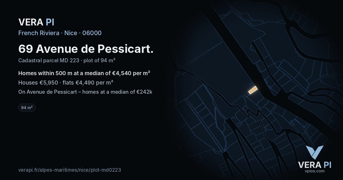 69 Avenue de Pessicart, Nice at night – the plot lit, the parcels around coloured by the prices near them