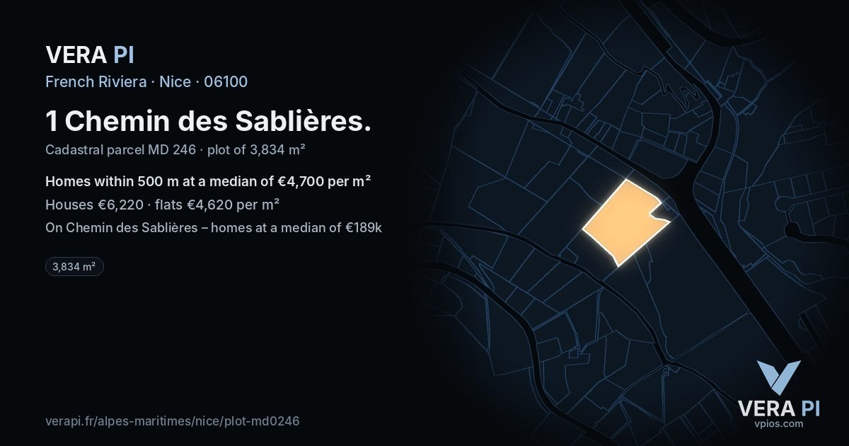 1 Chemin des Sablières, Nice at night – the plot lit, the parcels around coloured by the prices near them