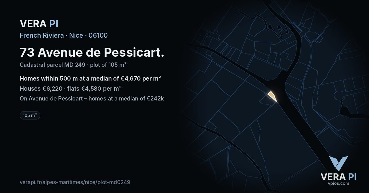 73 Avenue de Pessicart, Nice at night – the plot lit, the parcels around coloured by the prices near them