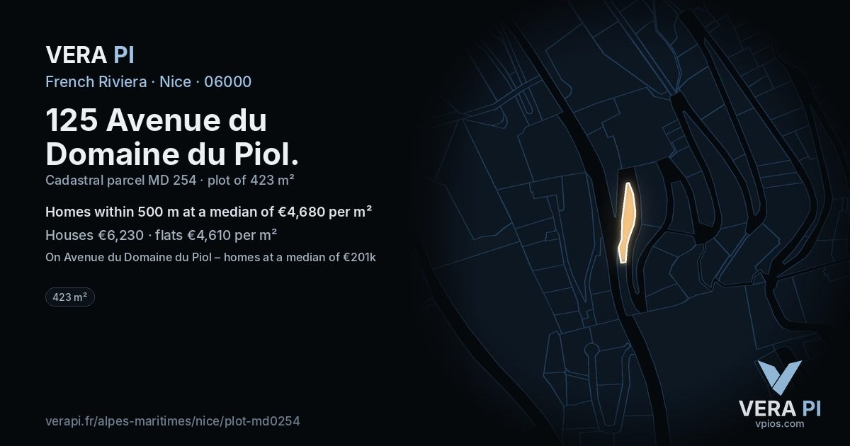 125 Avenue du Domaine du Piol, Nice at night – the plot lit, the parcels around coloured by the prices near them