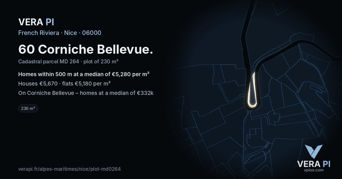 60 Corniche Bellevue, Nice at night – the plot lit, the parcels around coloured by the prices near them