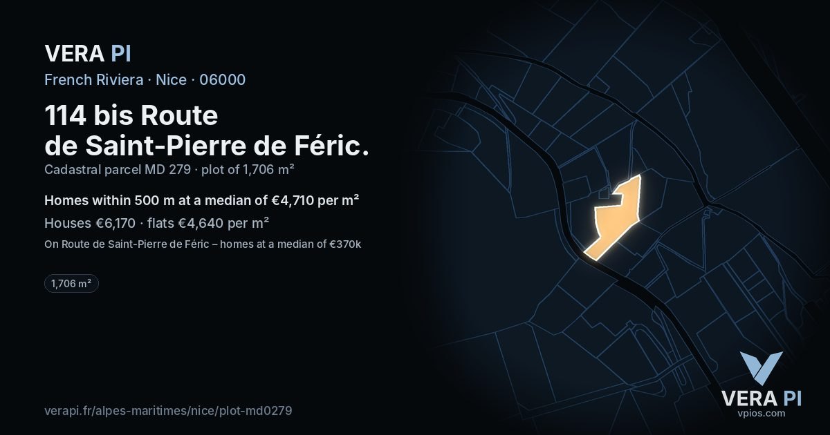 114 bis Route de Saint-Pierre de Féric, Nice at night – the plot lit, the parcels around coloured by the prices near them