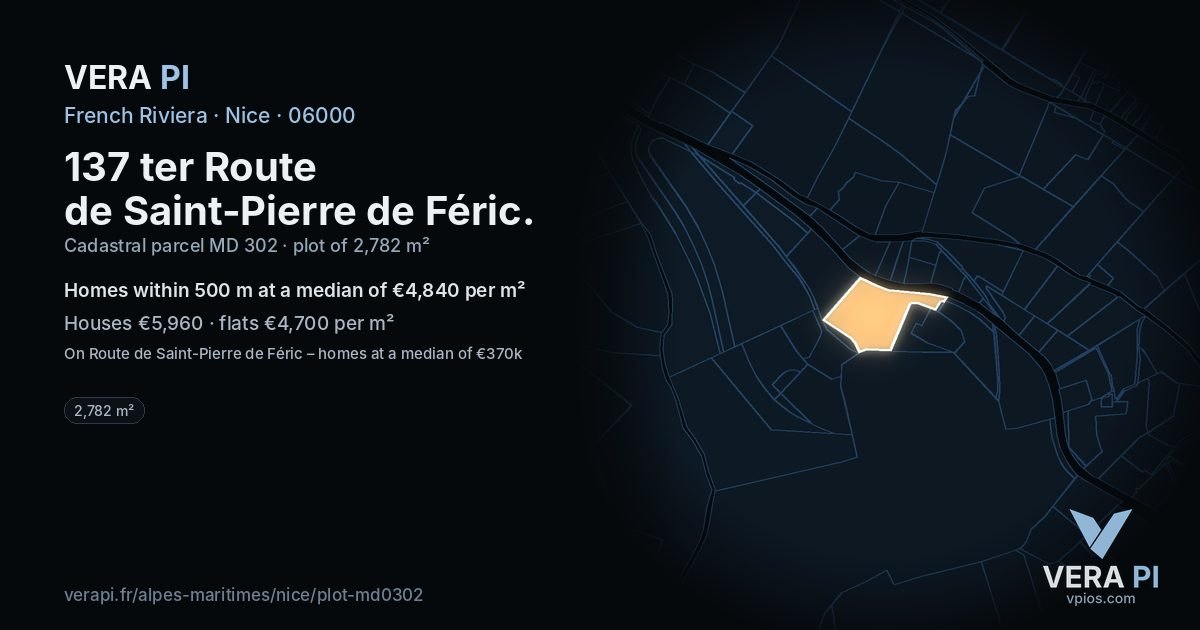 137 ter Route de Saint-Pierre de Féric, Nice at night – the plot lit, the parcels around coloured by the prices near them