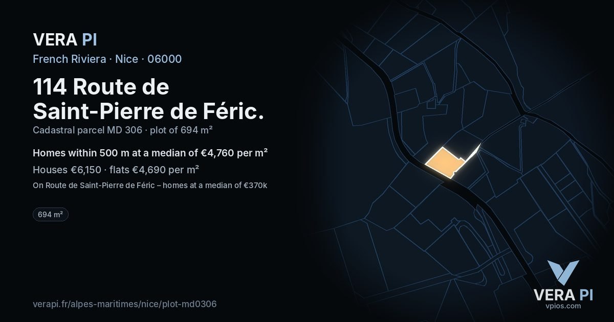 114 Route de Saint-Pierre de Féric, Nice at night – the plot lit, the parcels around coloured by the prices near them