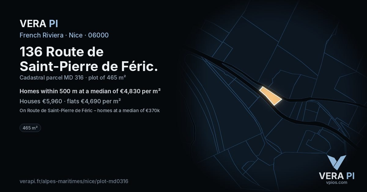 136 Route de Saint-Pierre de Féric, Nice at night – the plot lit, the parcels around coloured by the prices near them