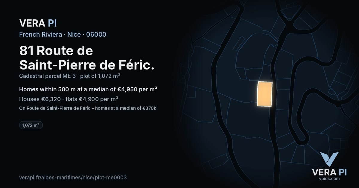 81 Route de Saint-Pierre de Féric, Nice at night – the plot lit, the parcels around coloured by the prices near them