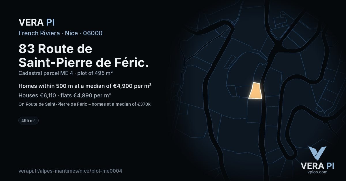 83 Route de Saint-Pierre de Féric, Nice at night – the plot lit, the parcels around coloured by the prices near them