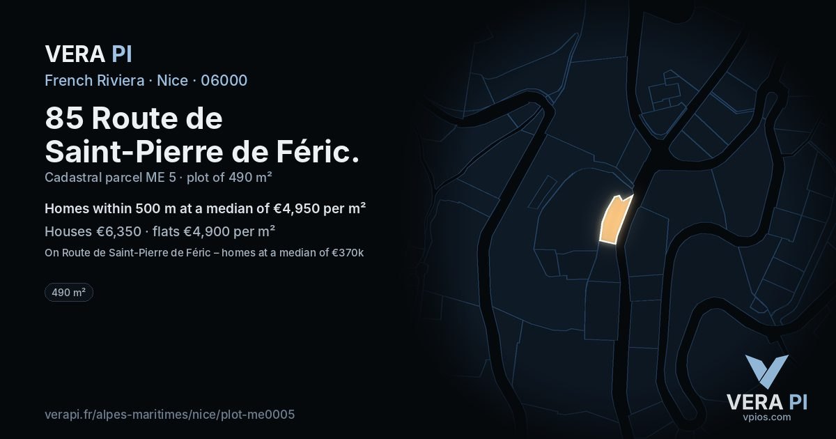 85 Route de Saint-Pierre de Féric, Nice at night – the plot lit, the parcels around coloured by the prices near them