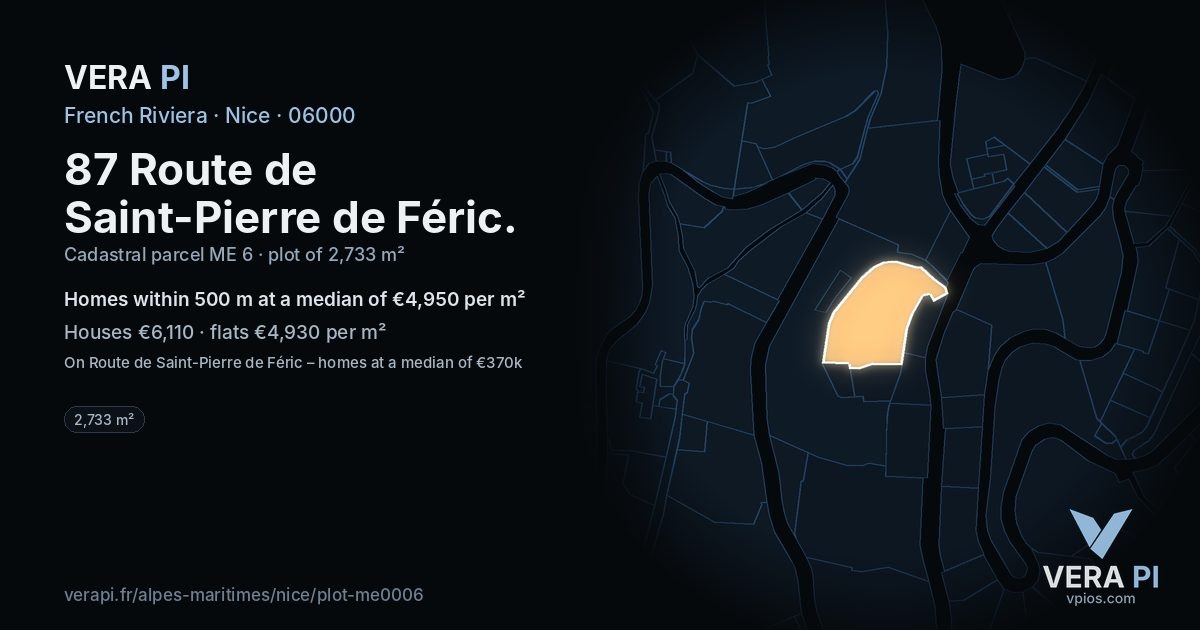 87 Route de Saint-Pierre de Féric, Nice at night – the plot lit, the parcels around coloured by the prices near them