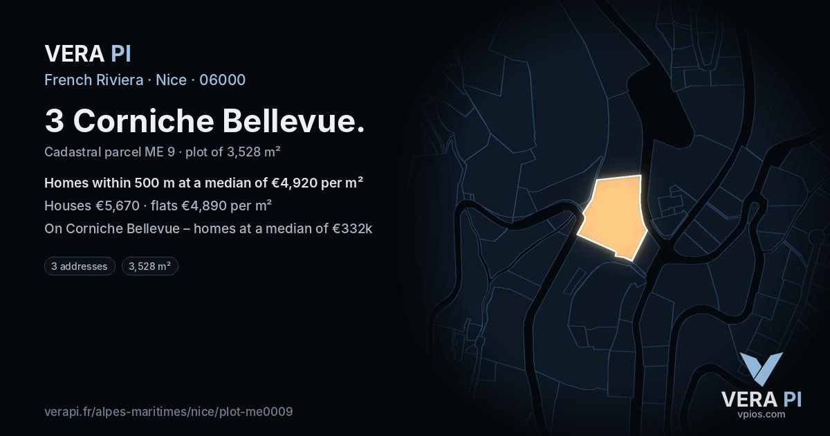 3 Corniche Bellevue, Nice at night – the plot lit, the parcels around coloured by the prices near them