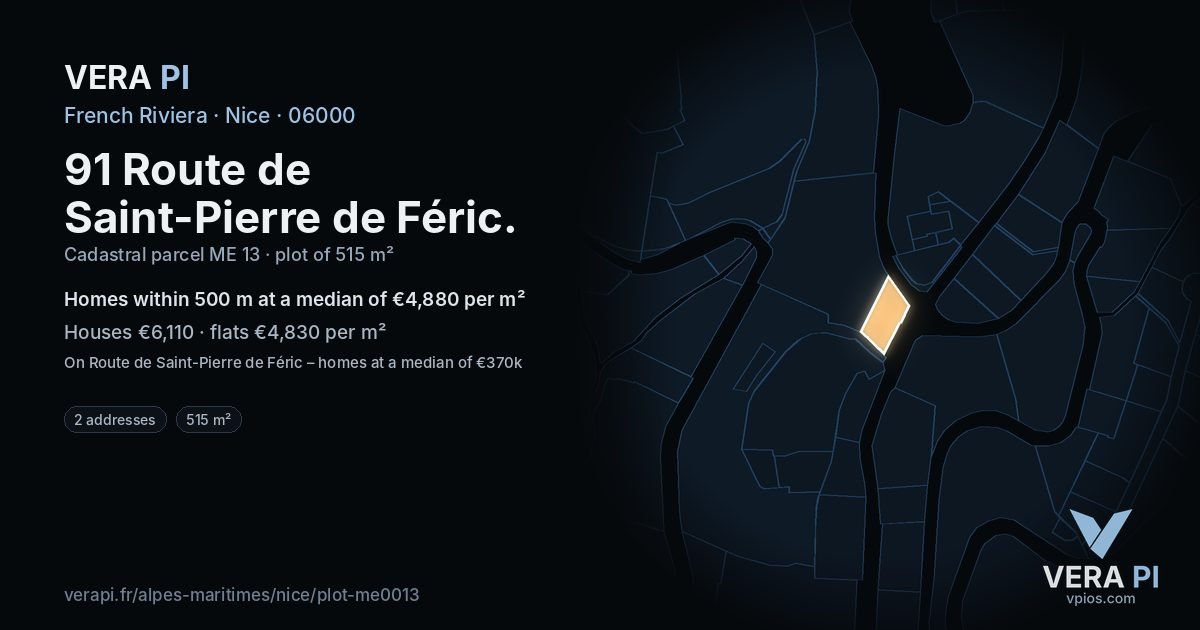 91 Route de Saint-Pierre de Féric, Nice at night – the plot lit, the parcels around coloured by the prices near them
