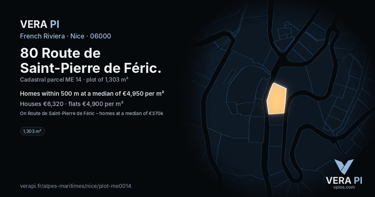 80 Route de Saint-Pierre de Féric, Nice at night – the plot lit, the parcels around coloured by the prices near them
