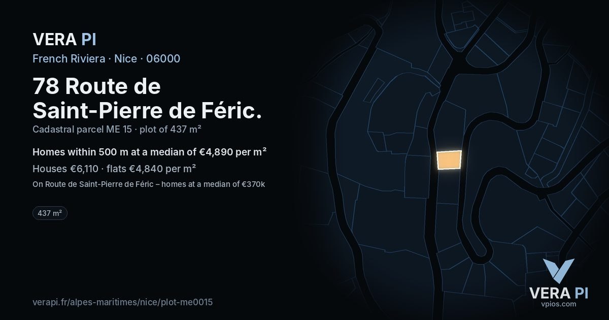 78 Route de Saint-Pierre de Féric, Nice at night – the plot lit, the parcels around coloured by the prices near them