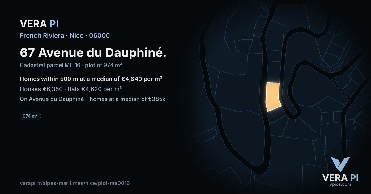 67 Avenue du Dauphiné, Nice at night – the plot lit, the parcels around coloured by the prices near them