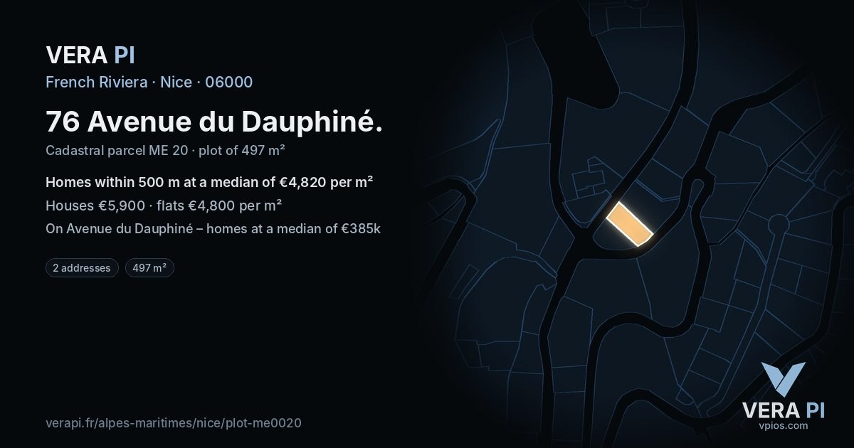 76 Avenue du Dauphiné, Nice at night – the plot lit, the parcels around coloured by the prices near them
