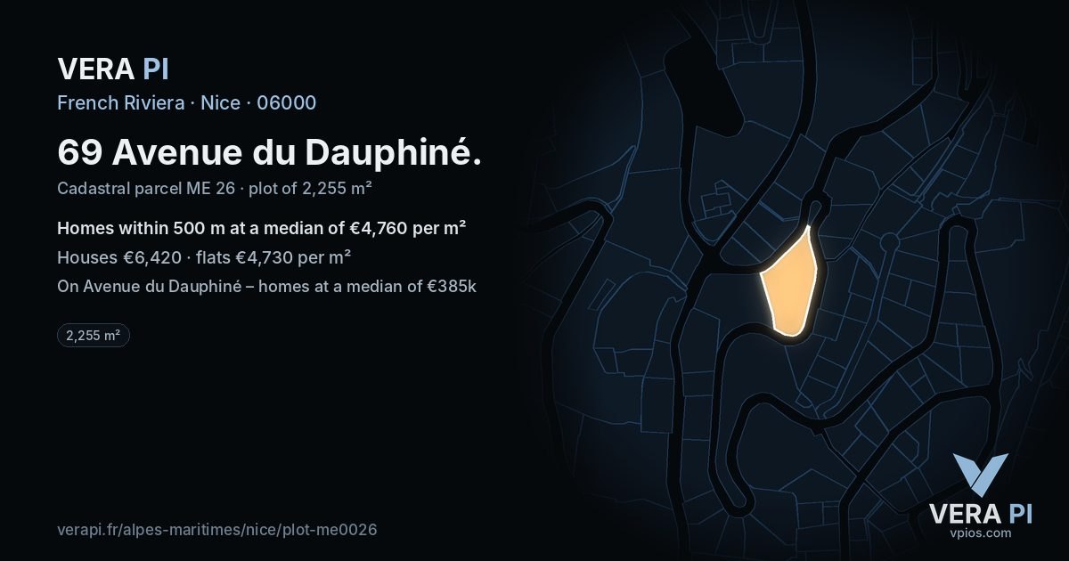 69 Avenue du Dauphiné, Nice at night – the plot lit, the parcels around coloured by the prices near them