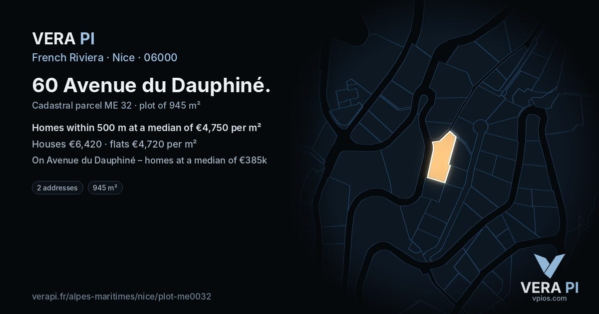 60 Avenue du Dauphiné, Nice at night – the plot lit, the parcels around coloured by the prices near them