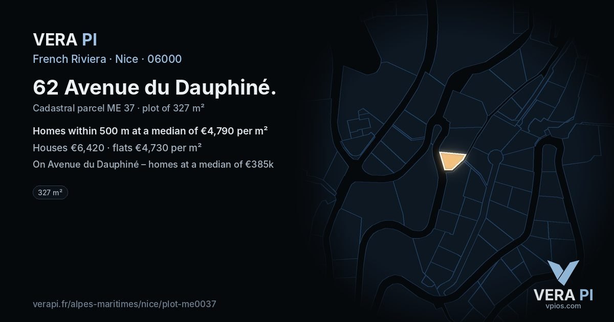 62 Avenue du Dauphiné, Nice at night – the plot lit, the parcels around coloured by the prices near them