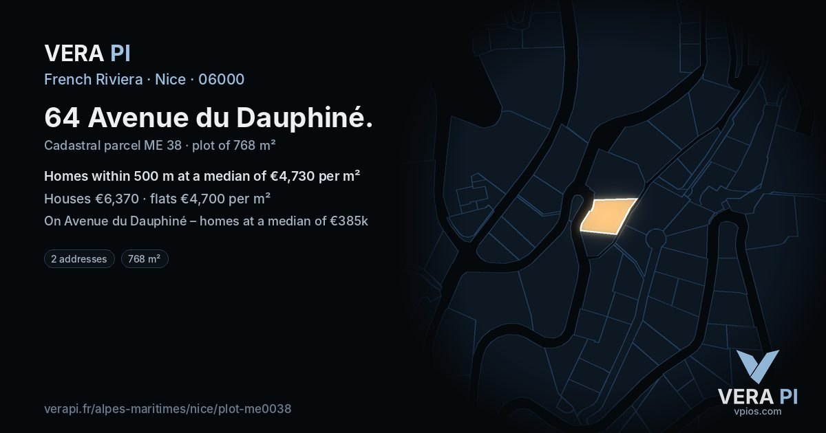 64 Avenue du Dauphiné, Nice at night – the plot lit, the parcels around coloured by the prices near them