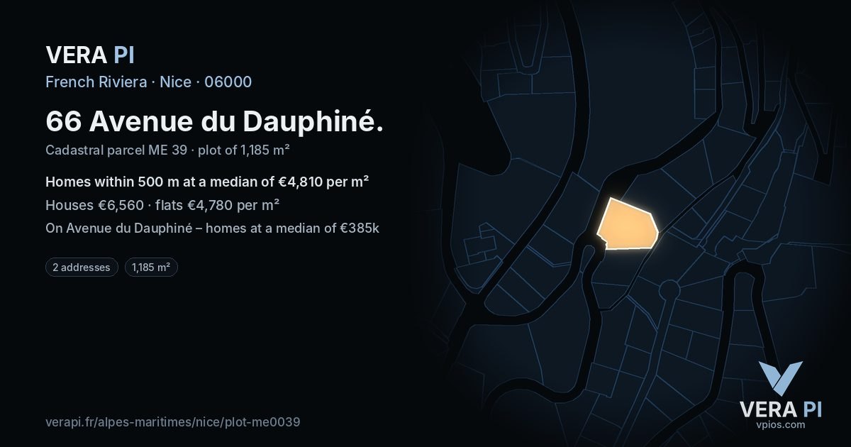 66 Avenue du Dauphiné, Nice at night – the plot lit, the parcels around coloured by the prices near them