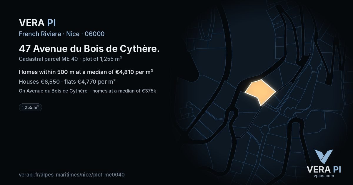 47 Avenue du Bois de Cythère, Nice at night – the plot lit, the parcels around coloured by the prices near them