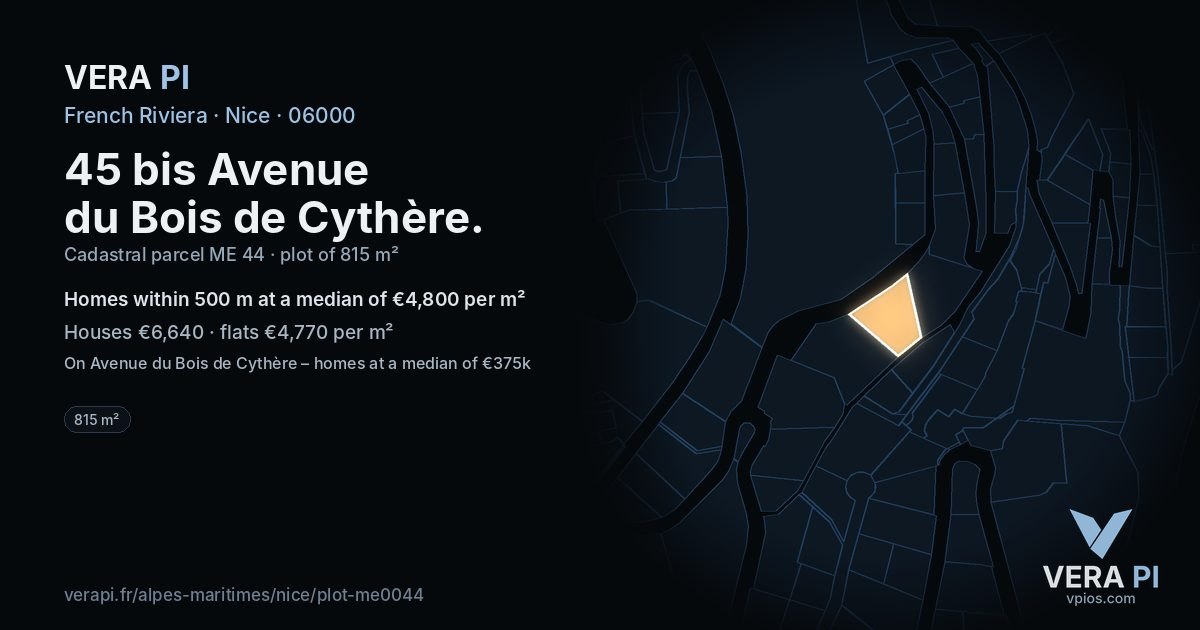 45 bis Avenue du Bois de Cythère, Nice at night – the plot lit, the parcels around coloured by the prices near them