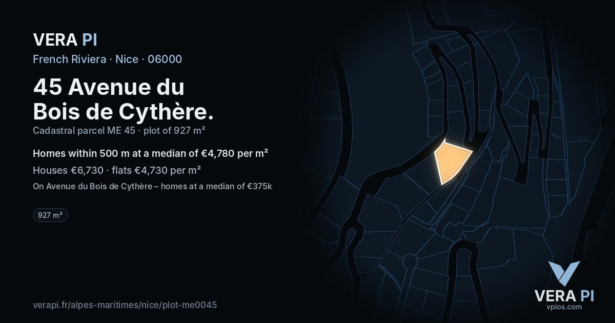 45 Avenue du Bois de Cythère, Nice at night – the plot lit, the parcels around coloured by the prices near them