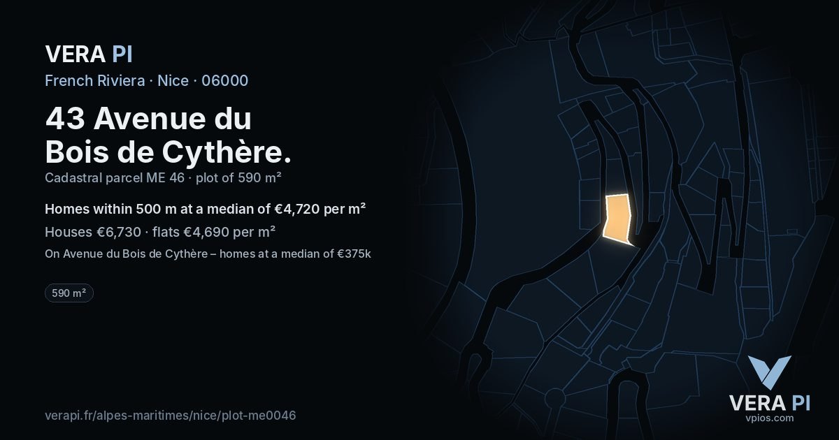 43 Avenue du Bois de Cythère, Nice at night – the plot lit, the parcels around coloured by the prices near them