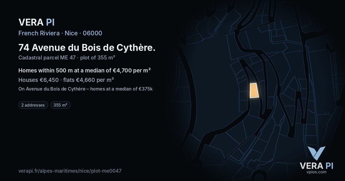 74 Avenue du Bois de Cythère, Nice at night – the plot lit, the parcels around coloured by the prices near them