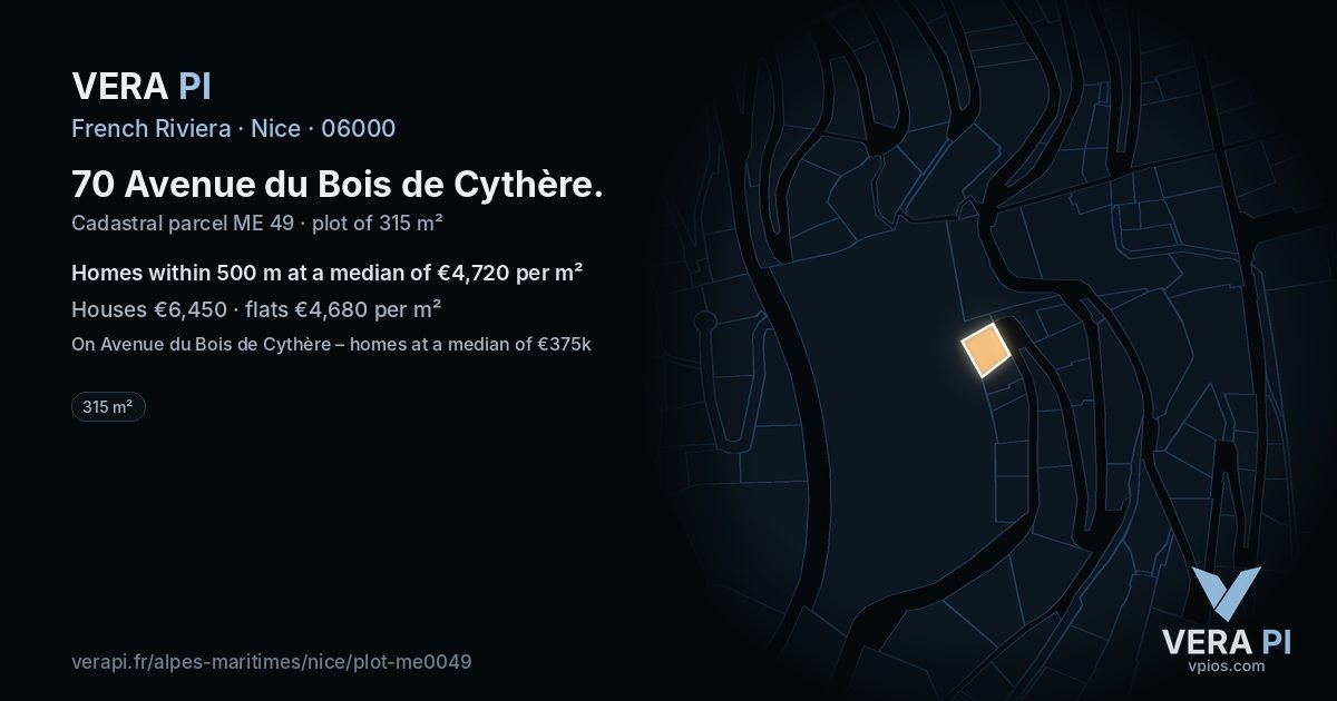 70 Avenue du Bois de Cythère, Nice at night – the plot lit, the parcels around coloured by the prices near them