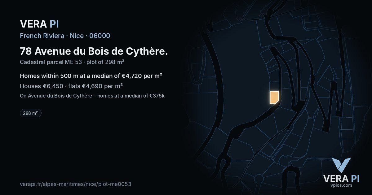 78 Avenue du Bois de Cythère, Nice at night – the plot lit, the parcels around coloured by the prices near them