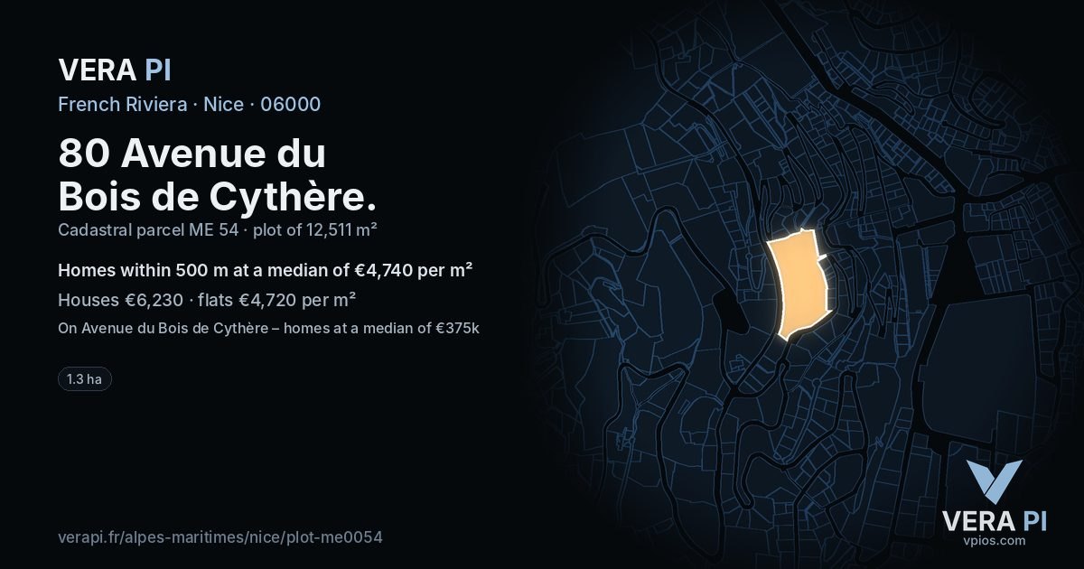 80 Avenue du Bois de Cythère, Nice at night – the plot lit, the parcels around coloured by the prices near them