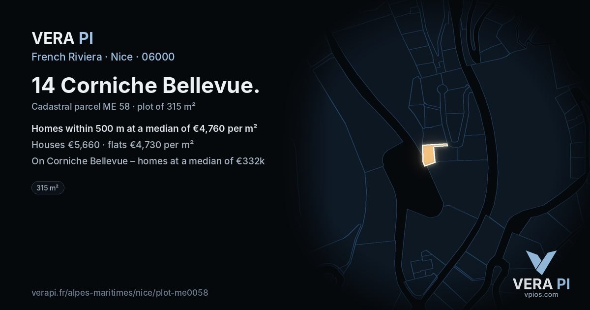 14 Corniche Bellevue, Nice at night – the plot lit, the parcels around coloured by the prices near them