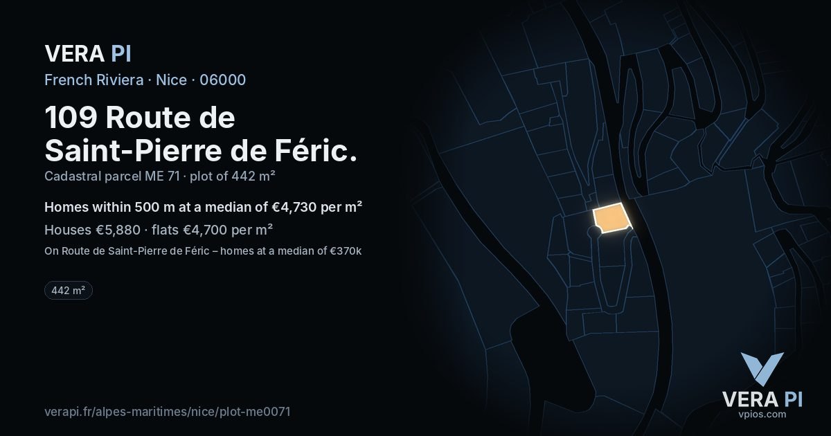 109 Route de Saint-Pierre de Féric, Nice at night – the plot lit, the parcels around coloured by the prices near them