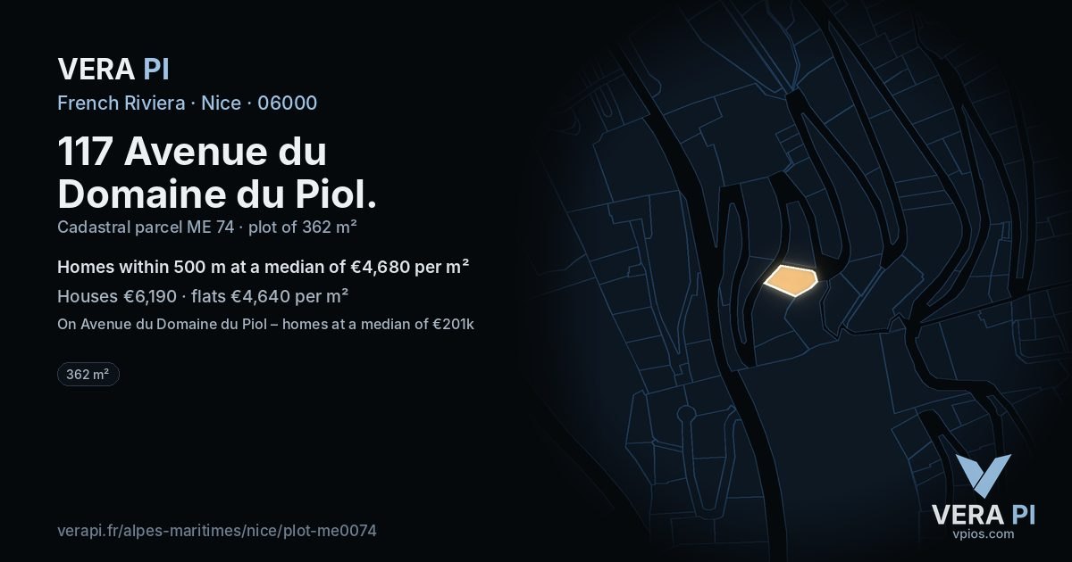 117 Avenue du Domaine du Piol, Nice at night – the plot lit, the parcels around coloured by the prices near them