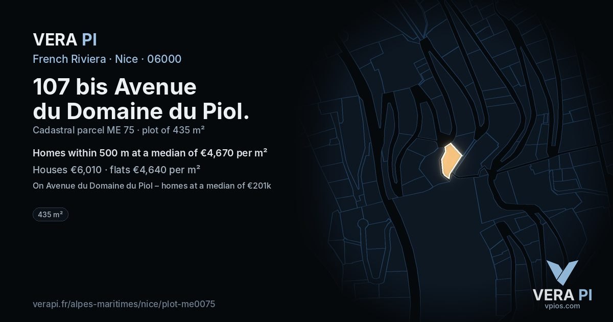 107 bis Avenue du Domaine du Piol, Nice at night – the plot lit, the parcels around coloured by the prices near them
