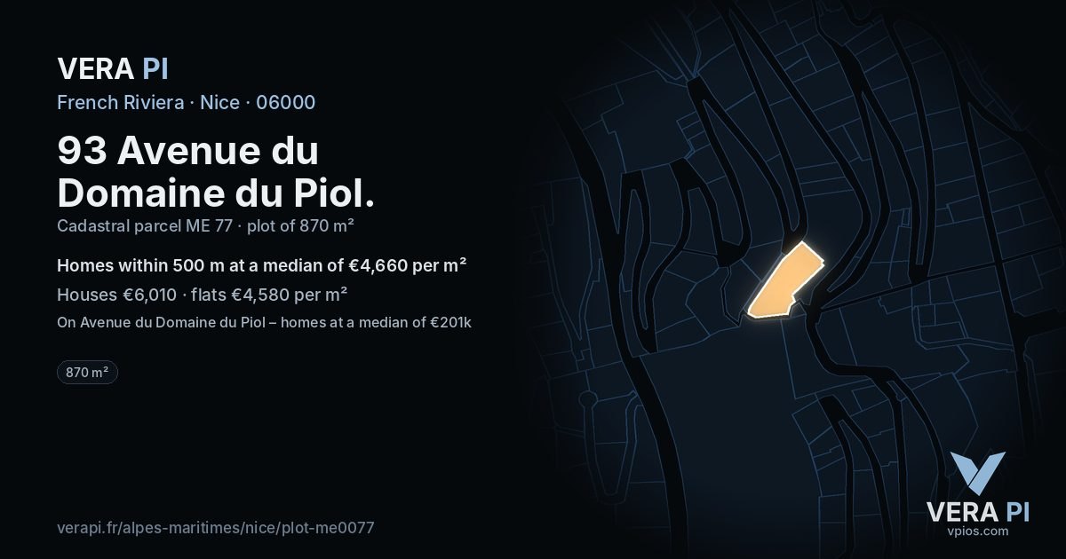 93 Avenue du Domaine du Piol, Nice at night – the plot lit, the parcels around coloured by the prices near them