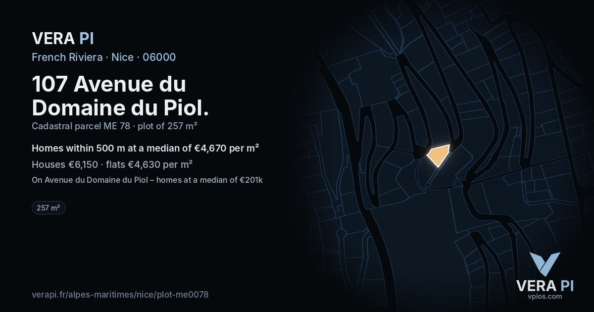 107 Avenue du Domaine du Piol, Nice at night – the plot lit, the parcels around coloured by the prices near them