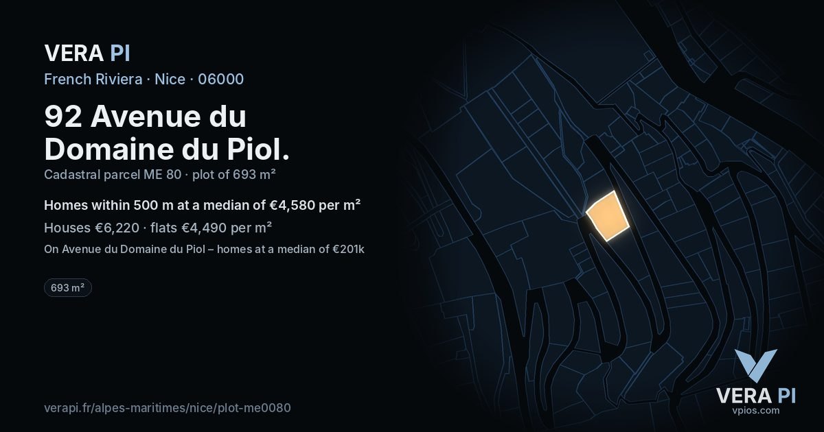 92 Avenue du Domaine du Piol, Nice at night – the plot lit, the parcels around coloured by the prices near them