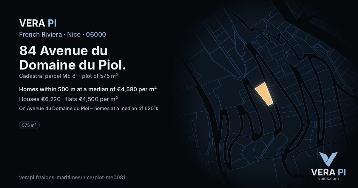 84 Avenue du Domaine du Piol, Nice at night – the plot lit, the parcels around coloured by the prices near them