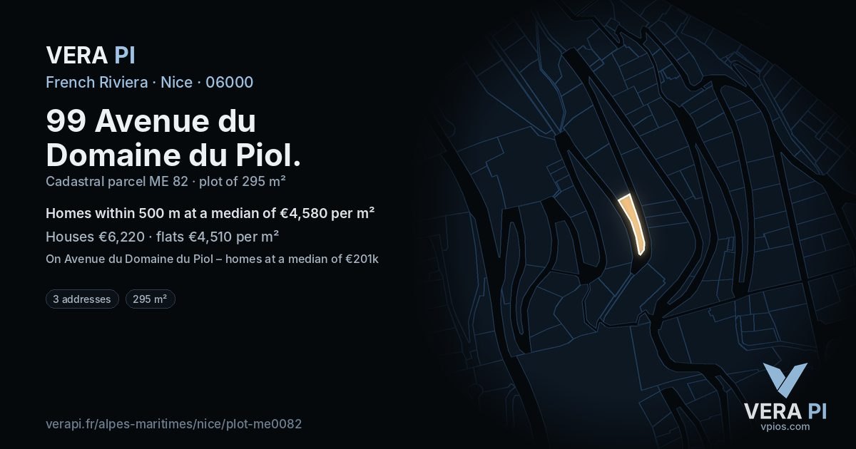 99 Avenue du Domaine du Piol, Nice at night – the plot lit, the parcels around coloured by the prices near them