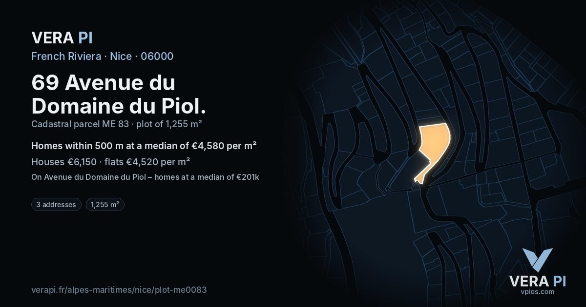 69 Avenue du Domaine du Piol, Nice at night – the plot lit, the parcels around coloured by the prices near them