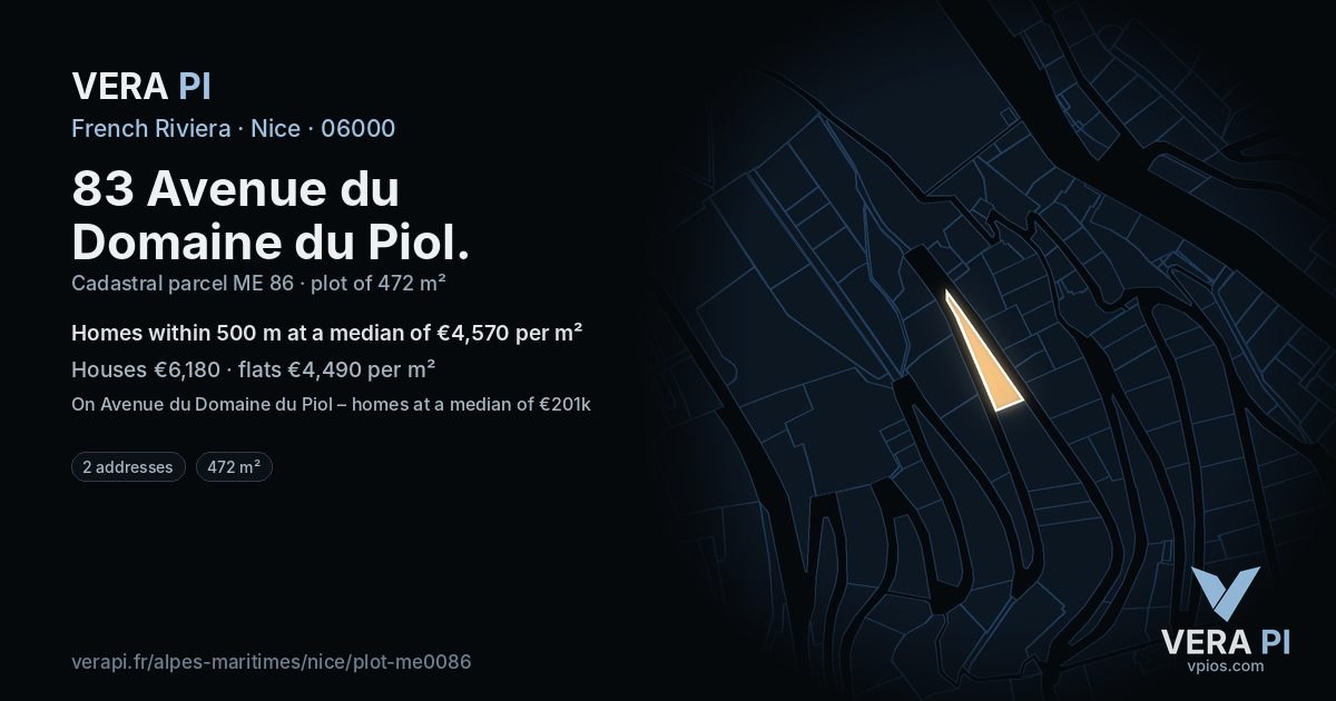 83 Avenue du Domaine du Piol, Nice at night – the plot lit, the parcels around coloured by the prices near them