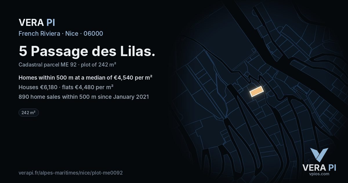 5 Passage des Lilas, Nice at night – the plot lit, the parcels around coloured by the prices near them